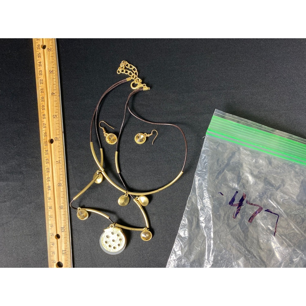 Gold Tone Necklace and Earrings Set with Amber Colored Stones